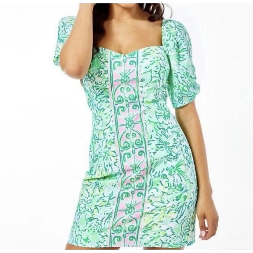 Lilly Pulitzer Daniela Stretch Dress Sz‎ 8 Resort Aqua Green Summer Puff Sleeve